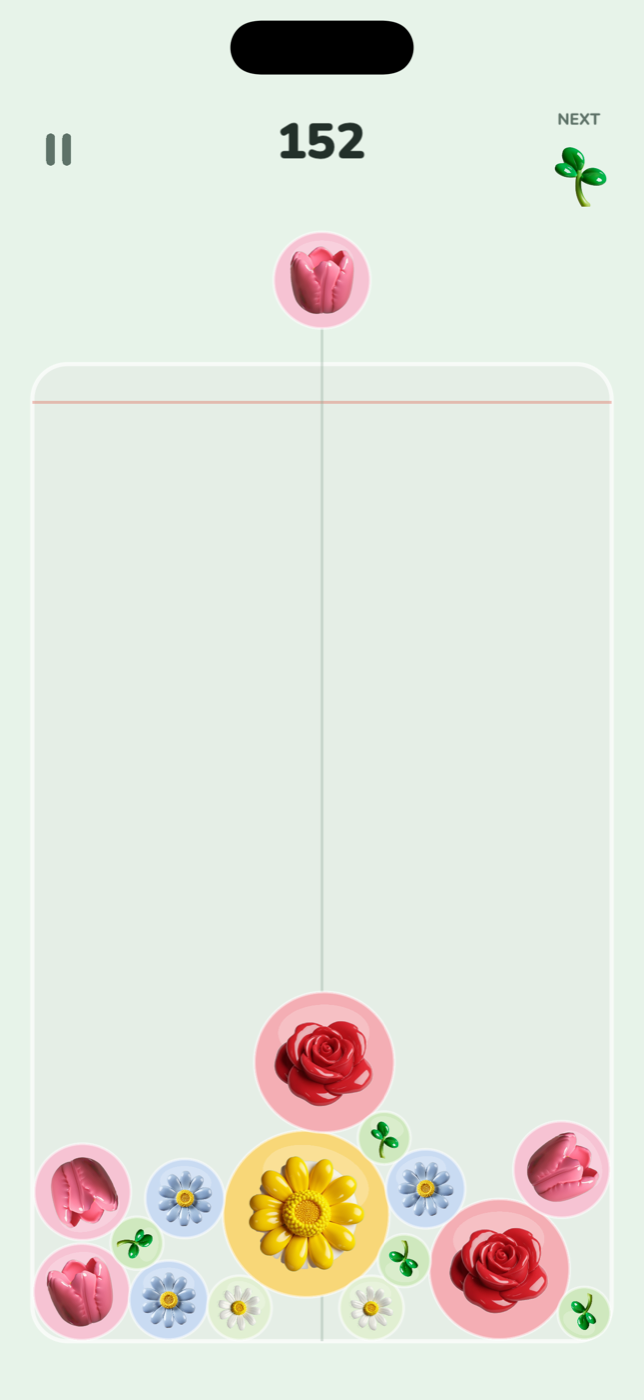 Bloom Drop gameplay — pastel flowers stacking in a glass jar
