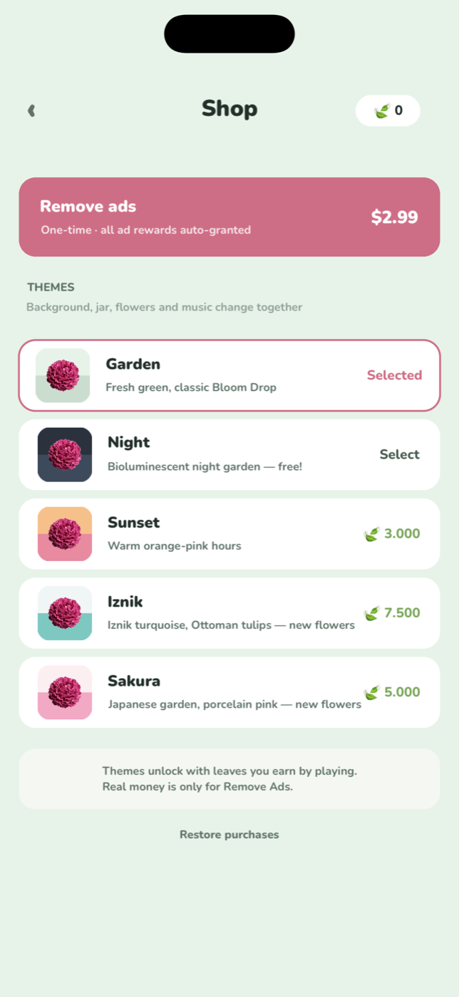 Theme shop — unlock themes with leaves you earn