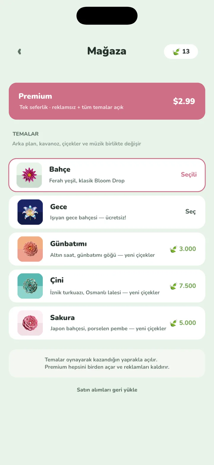 Mağaza — temalar oynayarak kazanılan yaprakla açılıyor