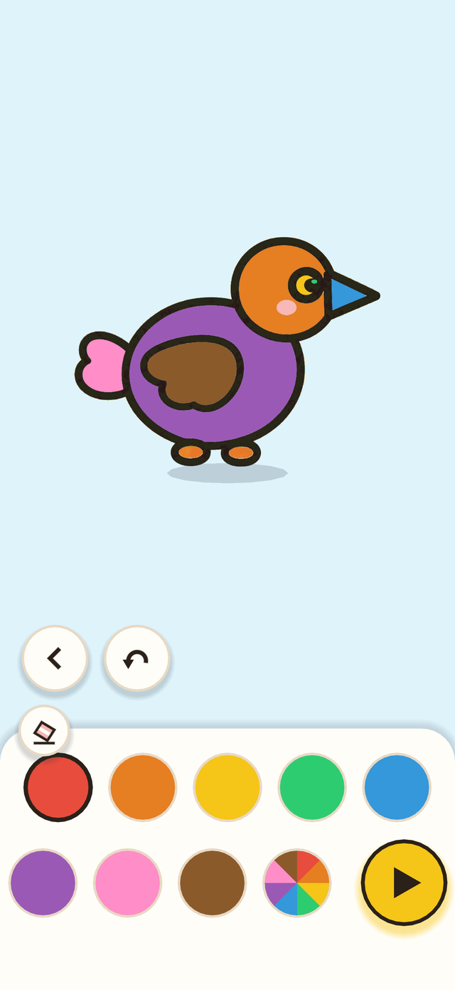 Crayon Buddies boyama ekranı — boya tepsisinin üstünde mor ve turuncuya boyanmış bir kuş