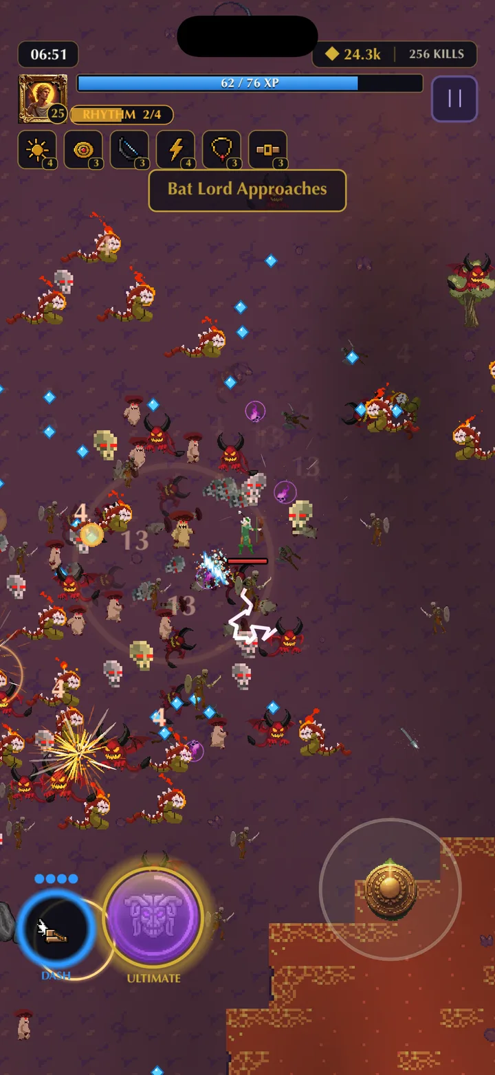 Hera Rush gameplay — mid-fight against a swarm of mythic enemies