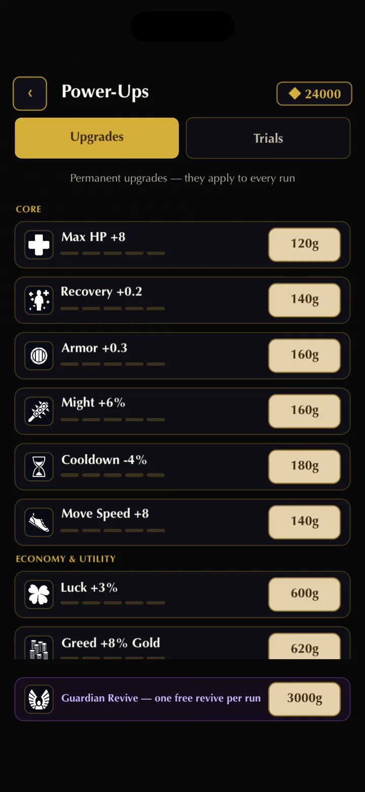 Permanent power-ups bought with gold