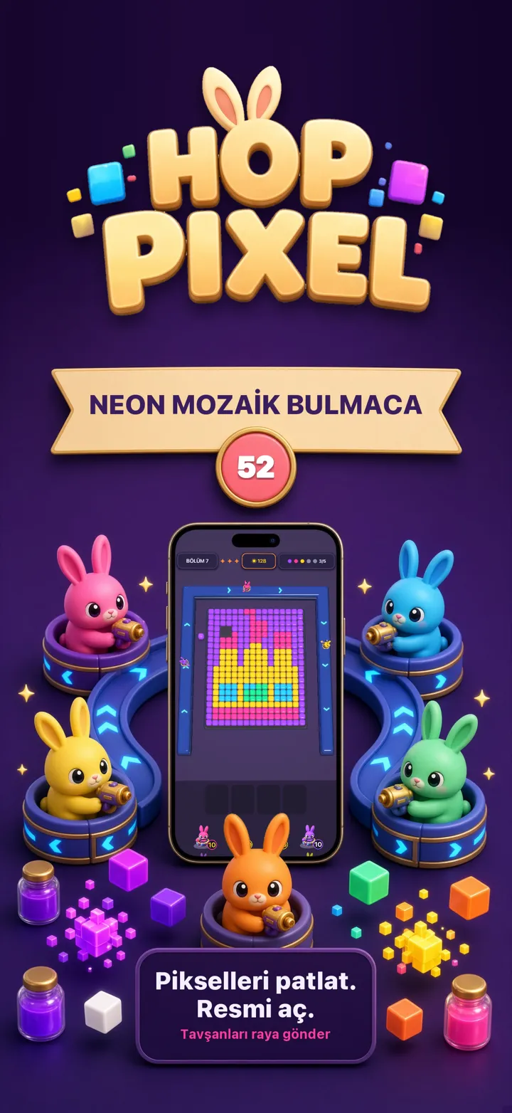 Hop Pixel — 52 resimli neon mozaik bulmaca, telefonun çevresinde tavşanlar