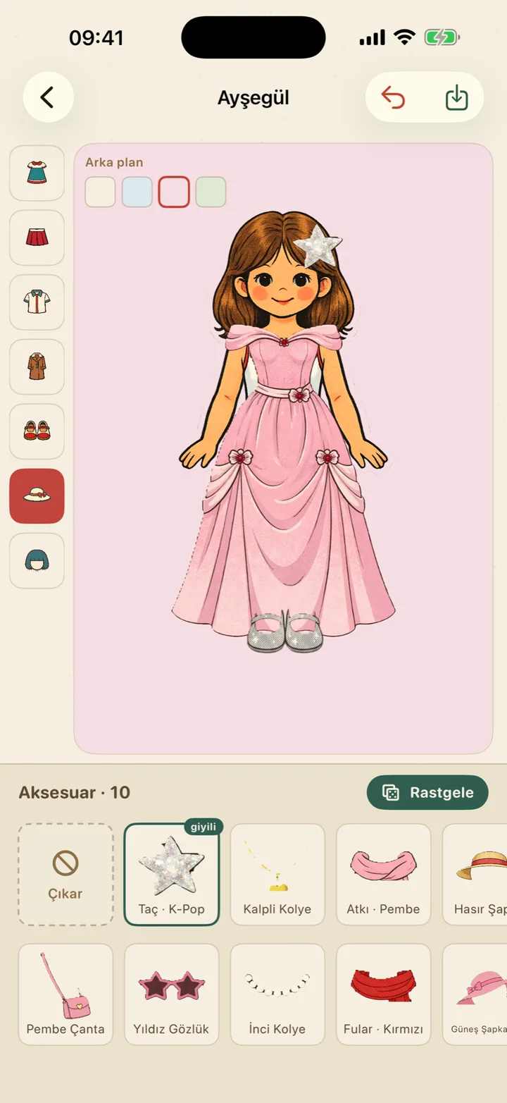 Paper Doll oynanış — pembe prenses elbisesi ve taç giymiş bir bebek