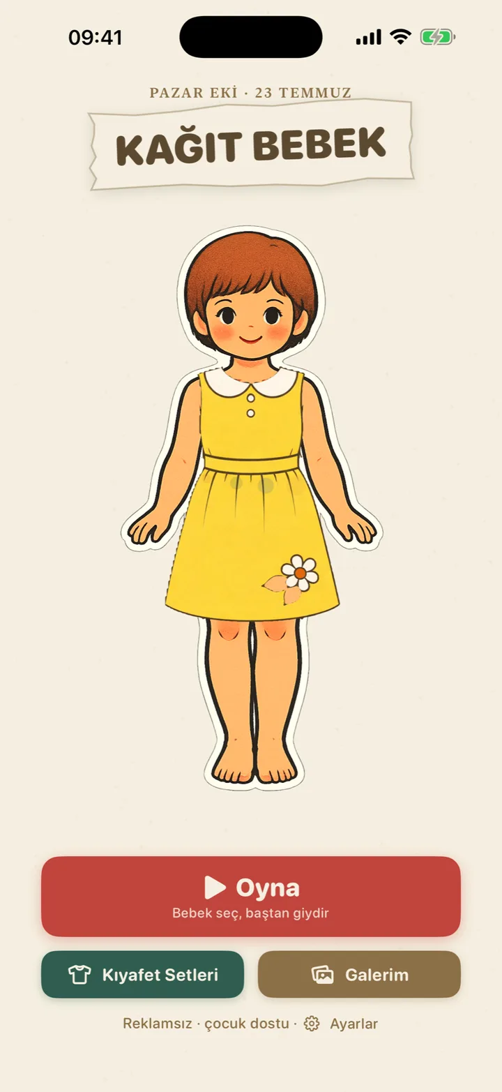 Ana menü — Paper Doll başlığının altında bir kağıt bebek