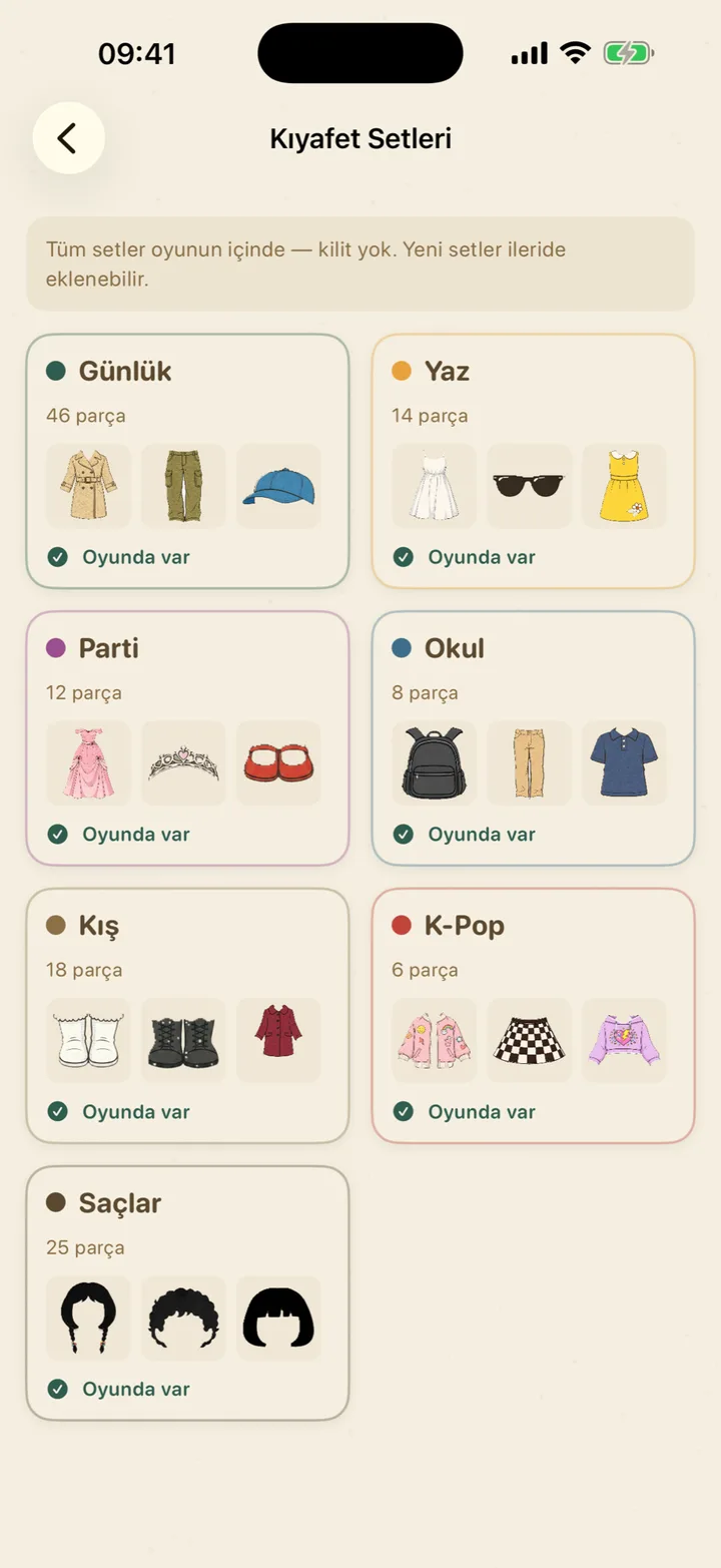Kombin setleri — günlük, yaz, parti, okul, kış ve K-Pop