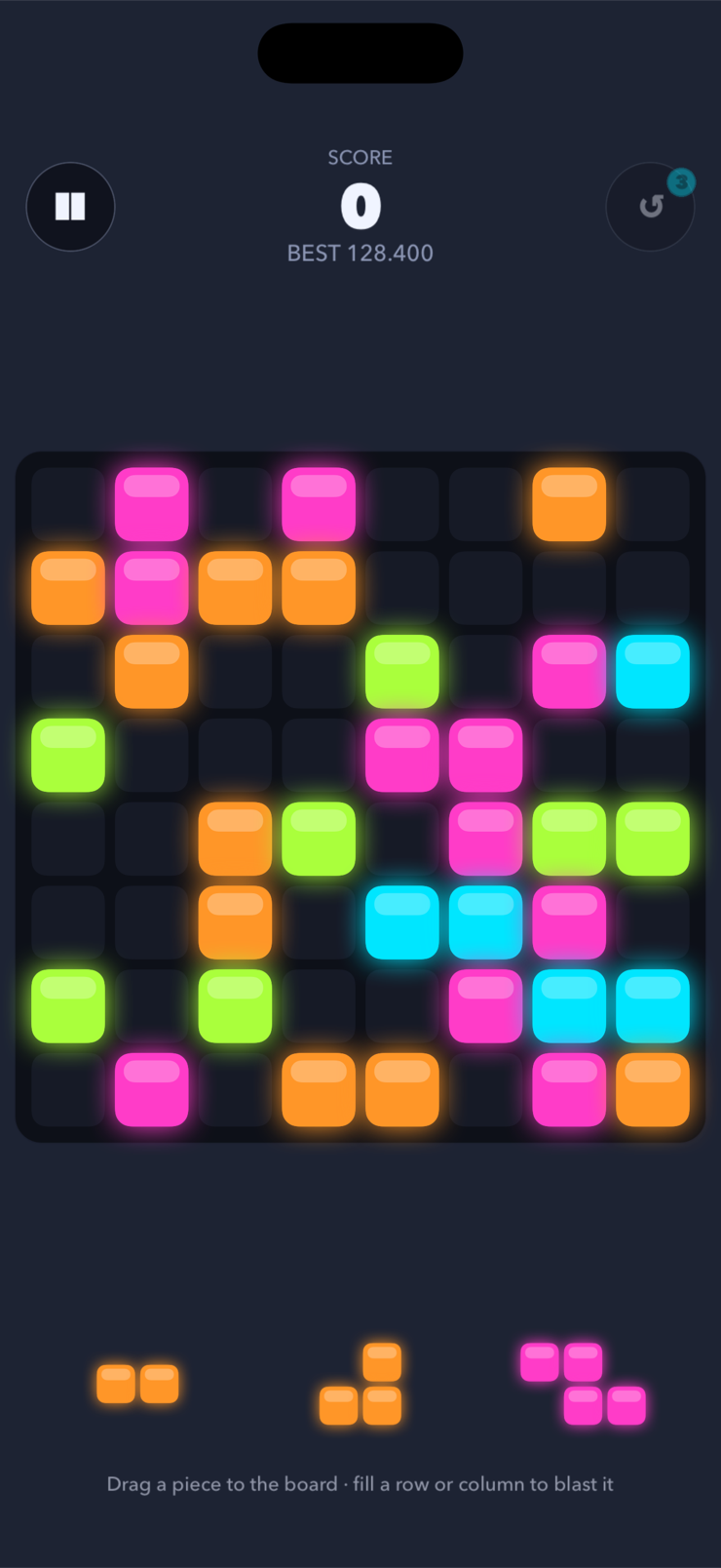Square Blast gameplay — glowing blocks on an 8×8 grid mid-combo