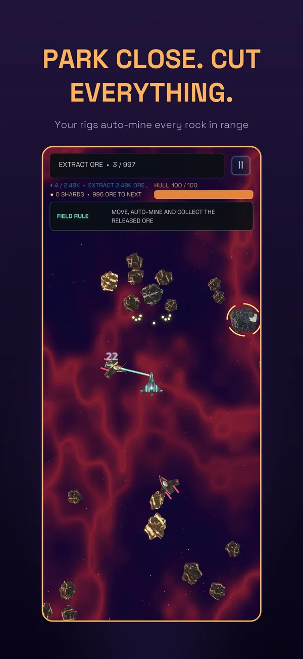Park close, cut everything — your rigs auto-mine every rock in range