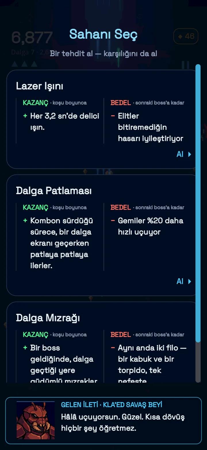 Boss sonrası roguelite yükseltme seçimi