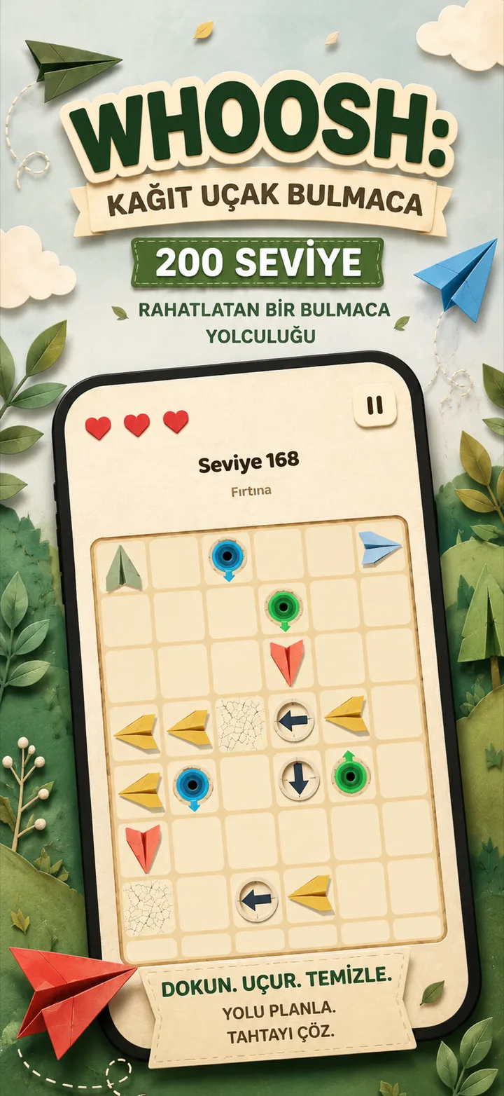 Whoosh — 200 seviyelik kağıt uçak rotası, sakin bir bulmaca yolculuğu