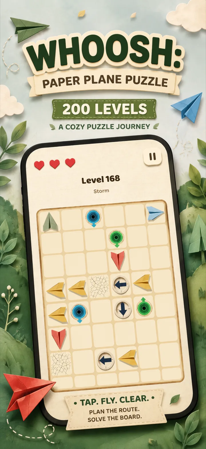 Whoosh — 200 levels of paper plane routing, a cozy puzzle journey