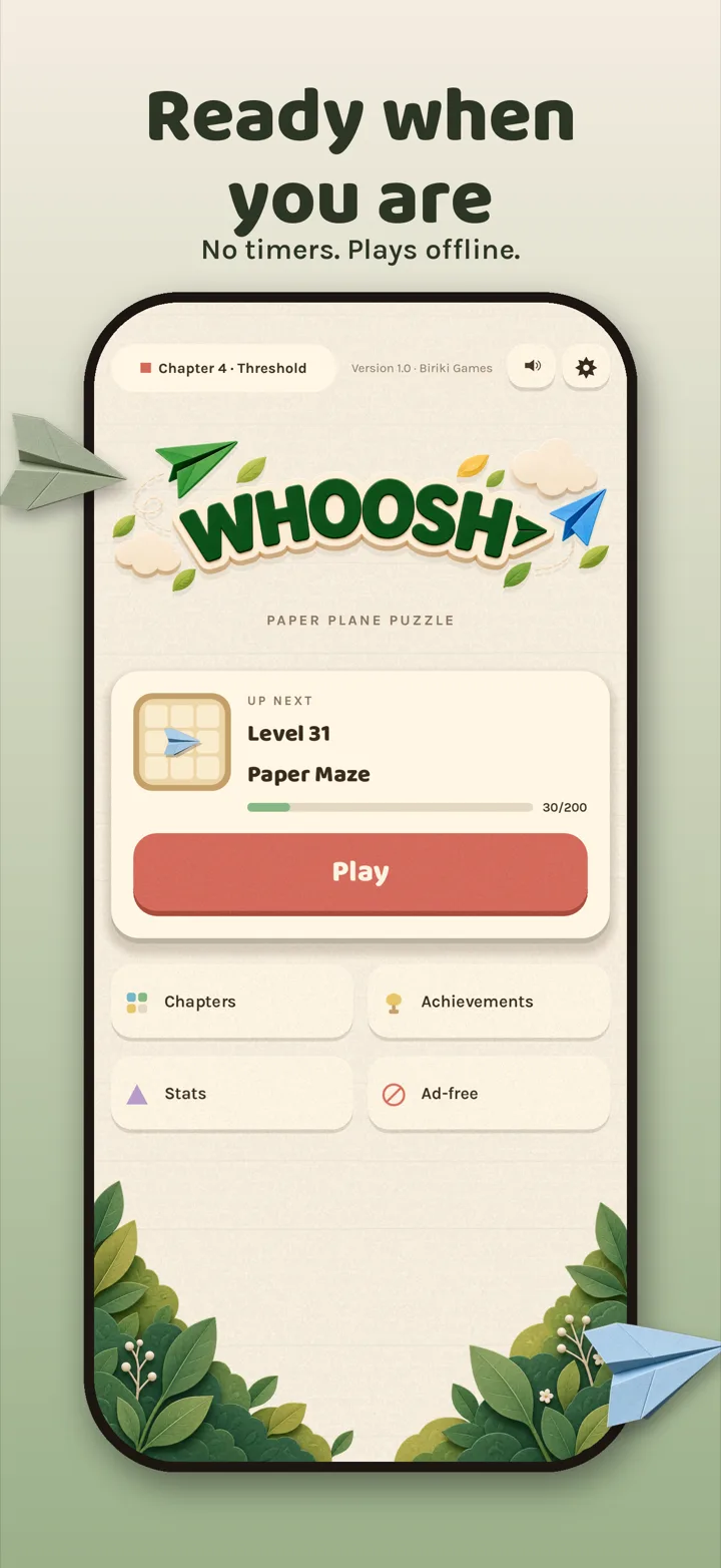 The Whoosh home screen — pick up where you left off, no timers
