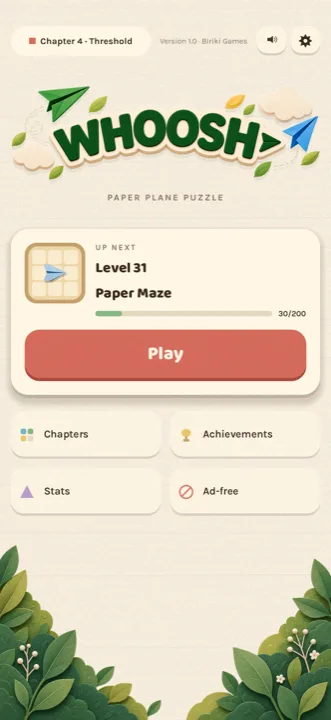 The Whoosh home screen, picking up at the next level